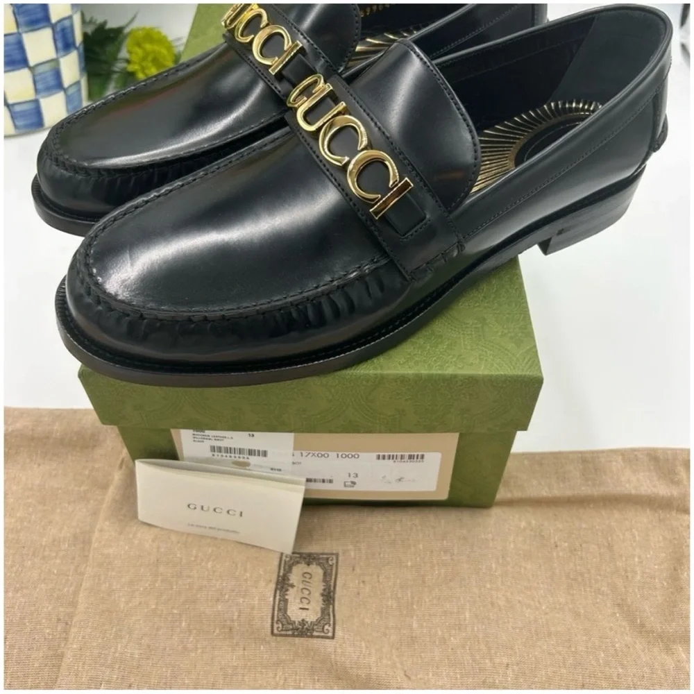 Gucci, gold logo, embellished, leather loafers size 13 made in Italy